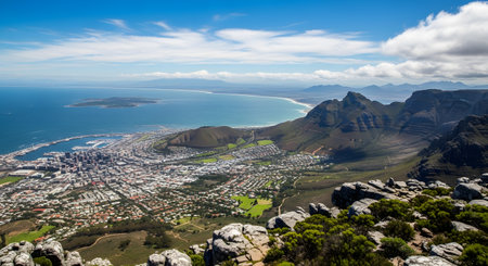 A breathtaking panoramic view from the top of Table Mountain showcases the sprawling city of Cape Town, the blue ocean coastline, and the rugged mountain range. The clear sky and bright sunshine highlight the natural beauty and urban landscape of South Africa.の素材