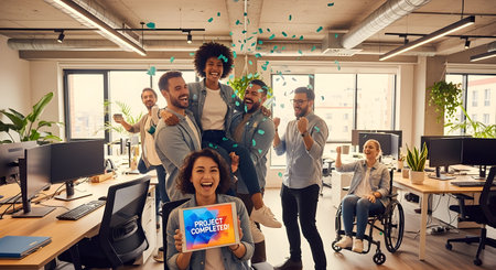 A diverse group of happy colleagues celebrates a successful project completion in a modern office with confetti falling. A woman in the foreground holds a tablet displaying "Project Completed!", while coworkers cheer and lift another team member, showcasing teamwork and inclusivity.の素材