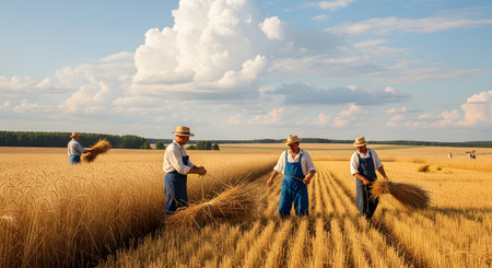 Three farmers harvest a golden wheat field using traditional manual scythes under a vast blue sky with fluffy clouds. They are dressed in rustic workwear and hats, gathering the grain into bundles. The image captures the timeless and hard-working nature of traditional agriculture in a rural landscape.の素材