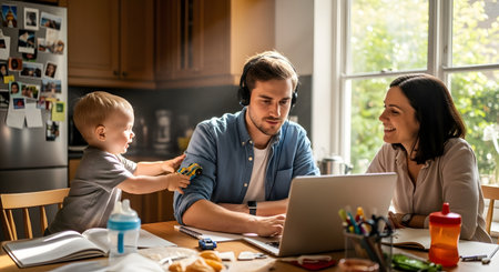 A father works on his laptop with headphones on while his toddler son plays with a toy car on his arm. The mother sits beside them smiling, creating a warm scene of work-life balance at the kitchen table. Sunlight streams through the window, highlighting the busy yet happy family dynamic.の素材