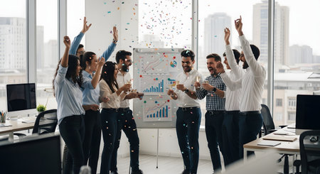 A jubilant team of business professionals celebrates a major success in a modern office, throwing confetti and raising champagne glasses. The diverse group is filled with excitement and laughter, standing in front of a whiteboard with charts, symbolizing a corporate victory or milestone achievement. The atmosphere is energetic, positive, and focused on teamwork and shared accomplishment.の素材