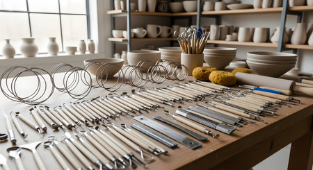 Set of tools for ceramics on the table in the workshopの素材