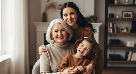 A heartwarming portrait of three generations of womenâgrandmother, mother, and daughterâhugging and smiling together in a cozy living room. They look directly at the camera, radiating happiness and family love.の素材