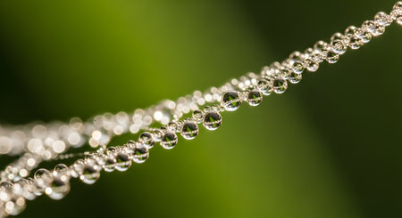 A stunning macro photograph captures a string of water droplets clinging to a spider web strand. The glittering pearls of dew stand out against a soft, blurred green background, highlighting nature's intricate beauty.の素材
