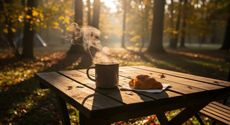 A steaming enamel cup of coffee and a fresh croissant sit on a wooden picnic table in an autumn forest. The morning sun filters through the golden leaves, creating a warm and cozy camping atmosphere.の素材