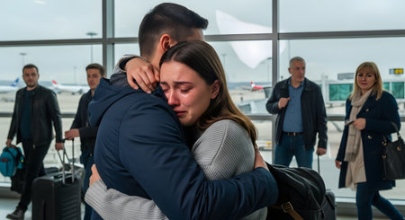 A young woman cries emotionally while tightly hugging a man in a busy airport terminal, suggesting a difficult goodbye or a heartfelt reunion. Travelers with luggage walk in the background, emphasizing the transient and emotional nature of travel and relationships.の素材
