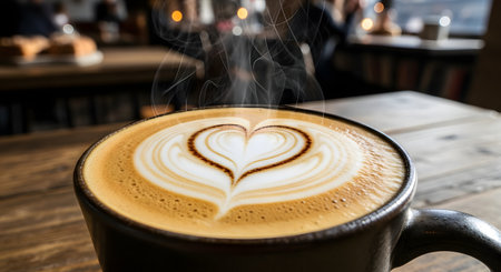 Close-up of a freshly brewed cappuccino with a perfect heart-shaped foam art on top. Steam rises from the hot ceramic cup, which sits on a wooden table in a cozy cafe setting. The blurred background with soft lights enhances the warm and inviting atmosphere of a coffee break.の素材