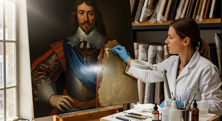 A professional art conservator meticulously cleans a historic oil portrait using a cotton swab and a magnifying lamp. In her studio filled with frames and tools, she works to restore the vibrancy of the antique artwork. The scene highlights the delicate skill and patience required in cultural heritage preservation.の素材
