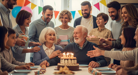 A multigenerational family gathers around a smiling grandfather to celebrate his birthday with a cake and candles. The room is decorated with colorful flags and balloons, while children and adults offer gifts and well wishes. The scene captures the joy and togetherness of a special family milestone.の素材