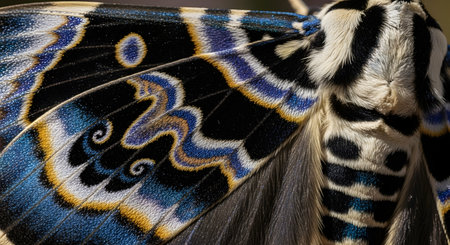 An extreme close-up captures the intricate textures and vibrant patterns of a moth's wing, showcasing detailed scales and fur. The design features striking contrasts of blue, black, yellow, and white, creating a mesmerizing biological abstraction. This macro shot highlights the delicate beauty and complexity found in insect anatomy and nature.の素材