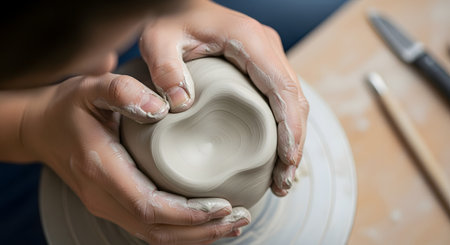 Top view of a potter's hands shaping wet clay on a spinning pottery wheel. The artisan is molding a bowl form with dirty hands in a creative ceramic studio environment.の素材