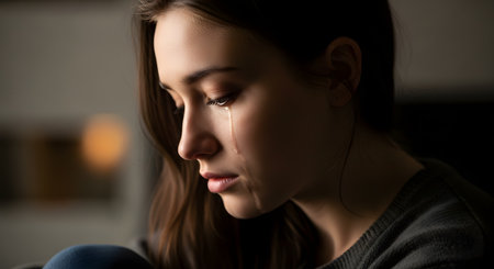 A poignant close-up profile of a young woman with a single tear rolling down her cheek. Her expression is one of deep sadness and vulnerability, set against a dark background to emphasize the emotion. The image powerfully conveys themes of grief, depression, heartbreak, and mental health struggles.の素材