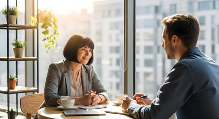 A professional man and woman sit at a table in a modern office, engaging in a serious business discussion or interview over coffee. Sunlight streams through the large window, illuminating the corporate setting.の素材