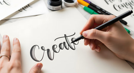 Close-up view of a person's hands using a black brush pen to write the word Create in elegant calligraphy on white paper. The desk is scattered with various art supplies including markers and ink bottles, inspiring creativity and design.の素材