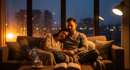 A romantic couple cuddles together on a sofa under a blanket while looking out a window on a rainy night. Warm lamp light and a cup of coffee create a cozy and intimate atmosphere inside the home.の素材