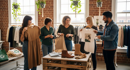 A diverse group of happy friends participates in a sustainable clothing swap or shops at a thrift store. They are holding up various garments, smiling, and engaging in conversation within a bright, brick-walled loft space filled with plants.の素材