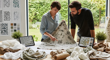 Two professional textile designers collaborate at a large wooden table covered with fabric samples and digital tablets displaying patterns. The bright, modern studio features large windows overlooking a garden, highlighting a creative and sustainable work environment.の素材