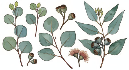 A botanical illustration set featuring watercolor paintings of eucalyptus branches, green leaves, and gum nuts. The isolated elements are detailed and naturalistic, perfect for floral design and decoration.の素材