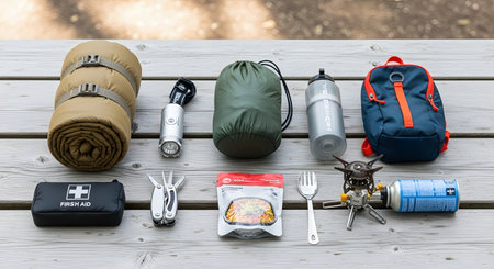An organized flat lay displays essential camping and hiking gear arranged neatly on a wooden picnic table. The collection includes a sleeping bag, sleeping pad, headlamp, water bottle, first aid kit, multi-tool, camping stove, gas canister, and freeze-dried food.の素材