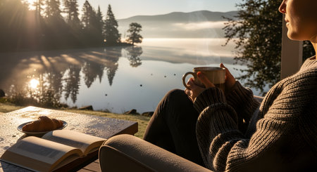 A person relaxes on a porch in the morning, holding a cup of coffee and reading an open book. The background features a serene lake with rising mist and mountains illuminated by the soft sunlight, evoking a sense of peace and leisure.の素材