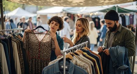 A group of friends browsing through vintage clothes at an outdoor market stall. They are examining a patterned dress, smiling and enjoying a weekend shopping trip together.の素材