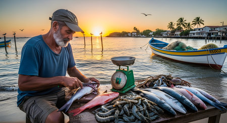 A fisherman sits at a wooden table on a tropical beach, cleaning and cutting fresh fish with a knife at sunset. A boat and calm ocean water are visible in the background, along with a weighing scale and piles of shrimp and crabs. The image captures the authentic daily life of coastal fishing communities.の素材