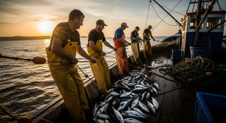 A crew of fishermen in yellow waterproof aprons works together on the deck of a boat to haul in a heavy fishing net filled with a fresh catch. The scene is set against a dramatic sunset over the calm ocean, highlighting the hard work of the commercial fishing industry.の素材