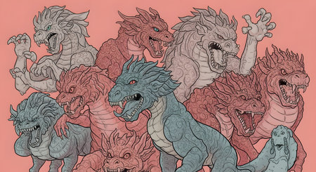 A detailed illustration features a chaotic group of mythical dragons with fierce expressions, sharp teeth, and textured scales. The fantasy artwork showcases various dragon designs in red, blue, and grey tones, creating a dynamic pattern.の素材