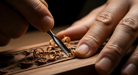 Close-up of a craftsman's hands using a chisel to carve intricate details into a piece of wood. Wood shavings curl around the tool as the artisan works with precision in a workshop.の素材