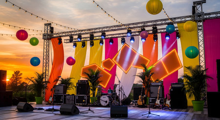 A vibrant outdoor music festival stage is set up with colorful lanterns and stage lights against a beautiful sunset sky. Musical instruments like drums and guitars are visible on stage, ready for an evening performance.の素材