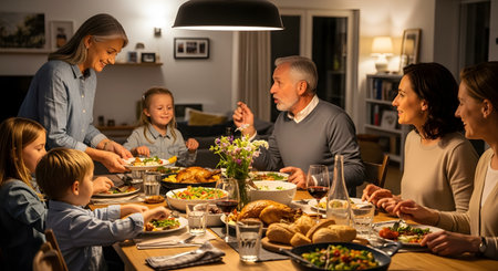 A large multi-generational family enjoys a festive dinner together at a warm, well-lit dining table. Grandparents, parents, and children share food, conversation, and smiles during a holiday gathering like Thanksgiving.の素材
