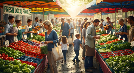 A lively outdoor farmers market is filled with people shopping for fresh fruits and vegetables at colorful stalls. A sign reads "Fresh Local Produce," and musicians play guitars in the background, creating a vibrant community atmosphere.の素材