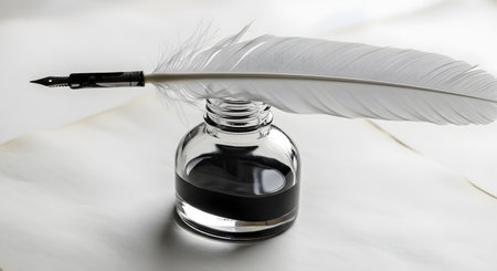 A classic white feather quill pen rests on a glass inkwell filled with black ink, set against a background of aged paper. The image evokes a sense of history, literature, and the traditional art of writing.の素材
