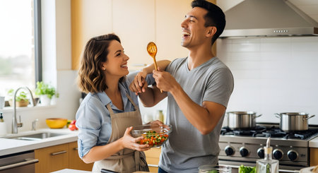 A happy young couple laughs together while preparing a healthy meal in a modern kitchen. The man holds a tasting spoon while the woman mixes a bowl of fresh vegetable salad, showcasing a fun and loving domestic moment. Sunlight fills the clean, well-equipped kitchen, highlighting their joy and connection.の素材