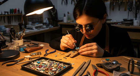 A focused female jeweler using magnifying loupe glasses to inspect a gemstone ring with precision at her workbench. She is working in a dimly lit studio with a desk lamp highlighting the intricate details of the jewelry repair.の素材