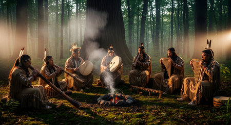 A group of Native American men dressed in traditional regalia playing indigenous instruments like drums and pan flutes in a misty forest. They are seated in a circle around a small campfire, creating a spiritual, cultural, and mystical atmosphere.の素材