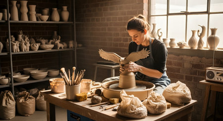 A skilled female artist sculpting a clay bird with spreading wings on a pottery wheel in a rustic, sunlit studio. She is focused and wearing an apron, surrounded by shelves of ceramic vases and pottery tools, highlighting craftsmanship.の素材