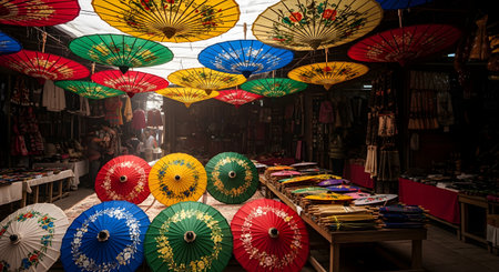 A vibrant display of colorful paper umbrellas or parasols hanging from the ceiling in a traditional market setting. The intricate floral patterns and bright colors create a festive and cultural atmosphere suitable for tourism themes.の素材
