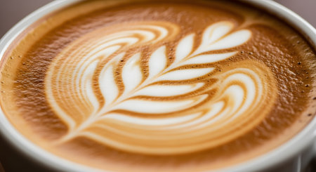 A close-up shot of a freshly brewed cup of coffee featuring intricate rosetta latte art in the milk foam. The rich brown crema contrasts with the white textured foam, highlighting the skill of the barista.の素材