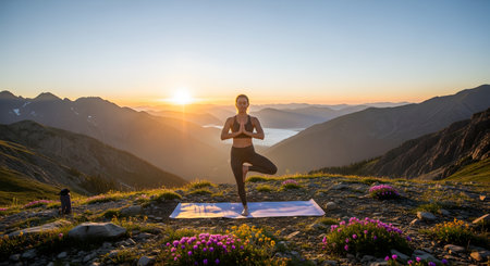 A woman performs a yoga pose on a yoga mat atop a mountain peak, backlit by the rising sun illuminating the valley below. The scene is tranquil and majestic, with layers of mountains fading into the distance under a golden sky.の素材