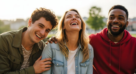 A diverse group of three young friends laughs heartily together outdoors during a warm golden sunset. The close-up shot captures genuine happiness, strong friendship bonds, and the carefree spirit of youth in an urban park setting.の素材