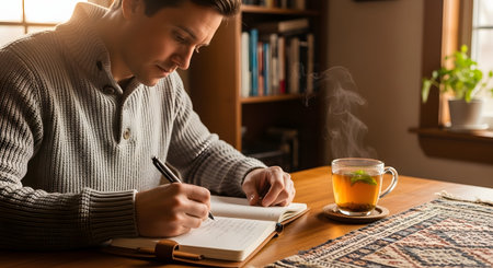 A focused young man writing notes in a journal at a wooden table, accompanied by a steaming cup of herbal tea. The cozy indoor setting suggests a moment of study, planning, or creative writing in a relaxed atmosphere.の素材