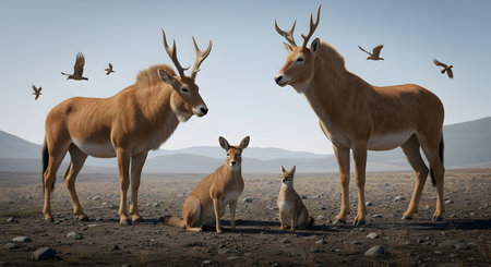 A herd of extinct Sivatherium mammals stands in a vast, arid prehistoric landscape under a clear sky. The group includes large males with distinctive antlers, a female, and a young calf, depicting a scene from the Pliocene or Pleistocene epoch.の素材