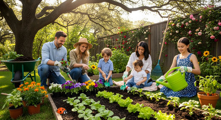 A family with three children gardening together in their backyard, planting colorful flowers and vegetables in a raised bed. They are using garden tools and a watering can, enjoying a healthy outdoor activity on a sunny day.の素材
