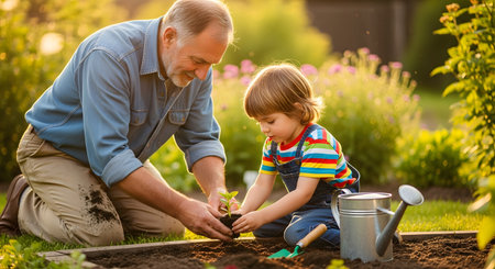 A grandfather and his young grandson smiling while planting a small seedling together in a garden bed during a sunny afternoon. The heartwarming scene represents bonding between generations, teaching nature skills, and the joy of gardening.の素材