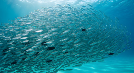 A spectacular underwater shot of a massive school of fish swimming in a synchronized spiral formation. The blue ocean water creates a stunning backdrop for this display of marine life behavior and aquatic ecosystem dynamics.の素材