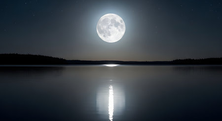 A serene night landscape featuring a bright full moon hovering over a calm lake. The moonlight reflects perfectly on the water, silhouetting a distant forest line under a clear, starry sky.の素材