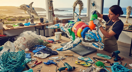 A female artist in her workshop assembles a colorful whale sculpture using recycled plastic debris and ocean trash. The studio overlooks the sea, highlighting the environmental message of transforming pollution into art.の素材