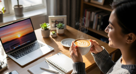 A smiling woman holds a cup of coffee with latte art while working on a laptop at a sunlit desk. The image captures a relaxed home office atmosphere, highlighting remote work flexibility and a pleasant morning routine.の素材