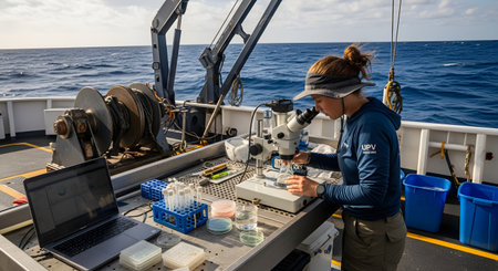 A female marine biologist analyzes samples using a microscope on the deck of a research vessel at sea. Surrounded by test tubes and scientific equipment, she conducts environmental studies with the open ocean in the background.の素材